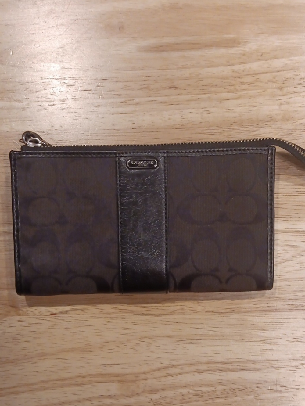 Coach Black Jacquard Mini Wristlet Wallet with Polished Leather Trim